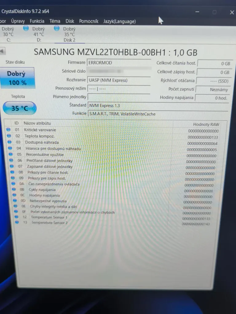 Diagnostika – zlyhaný disk Samsung hlási len 1 GB namiesto 2 TB