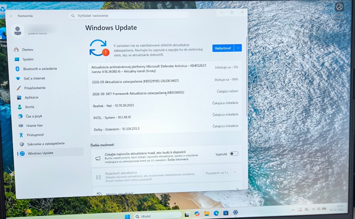 Inštalácia Windows 11 s ovládačmi – herný notebook Gigabyte A16, Košice 3 Windows Update – inštalácia ovládačov a bezpečnostných aktualizácií v notebooku